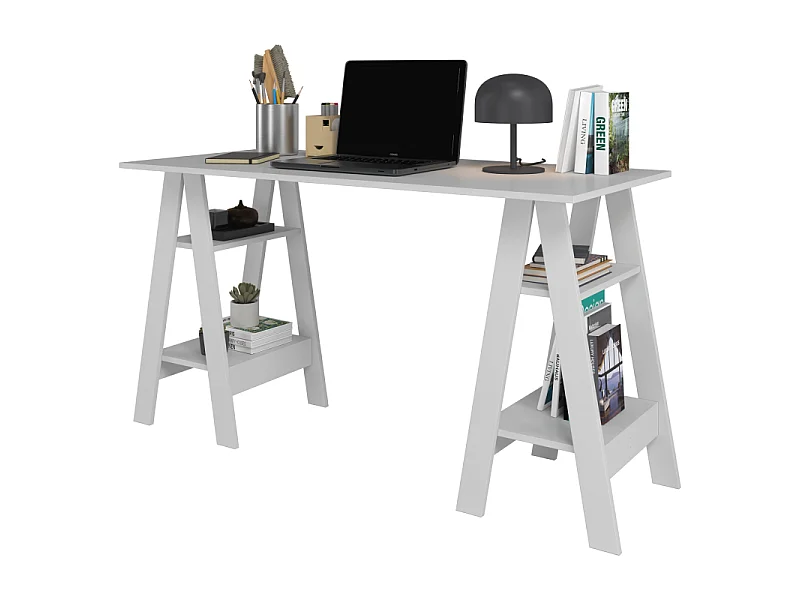 Bureau 2 Tréteaux 4 Niches 4 Etagères Blanc L 135 H 75 P 60 cm
