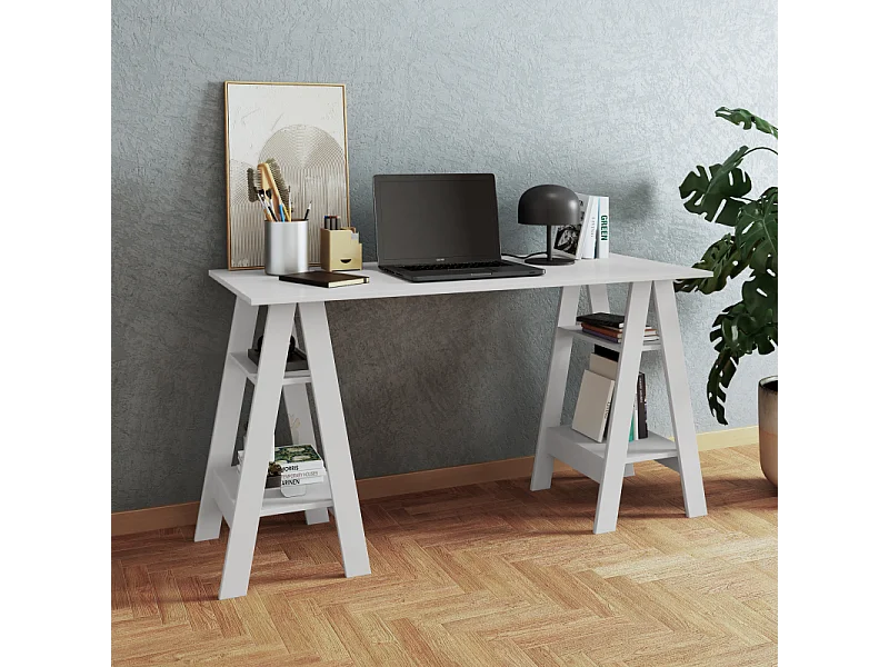 Bureau 2 Tréteaux 4 Niches 4 Etagères Blanc L 135 H 75 P 60 cm
