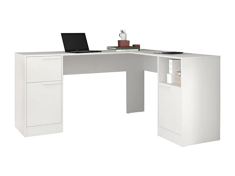 Bureau d'Angle Blanc 2 Caissons 2 Portes 1 Tiroir 1 Niche L 160 H 78.5 P 134.5 cm