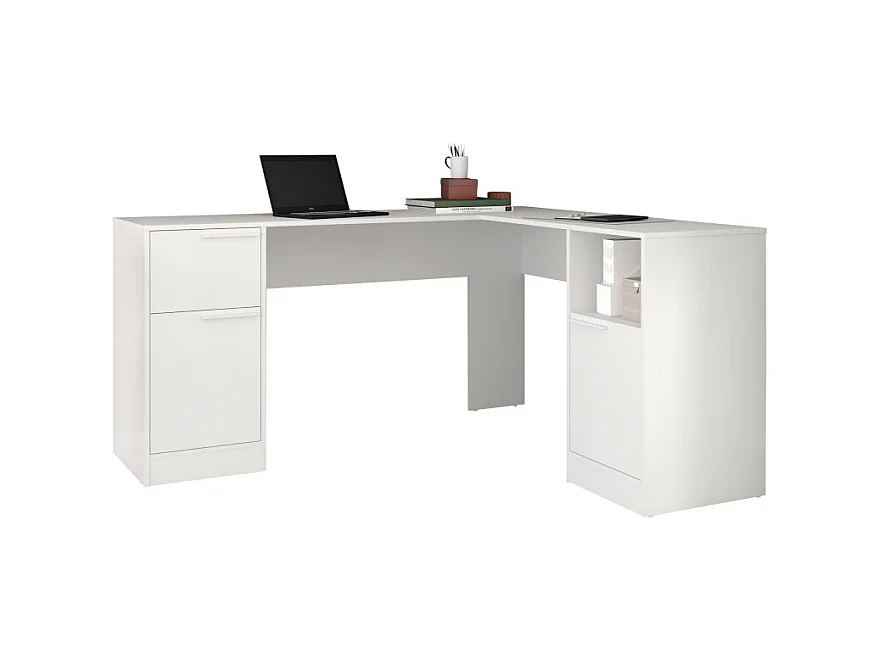 Bureau d'Angle Blanc 2 Caissons 2 Portes 1 Tiroir 1 Niche L 160 H 78.5 P 134.5 cm