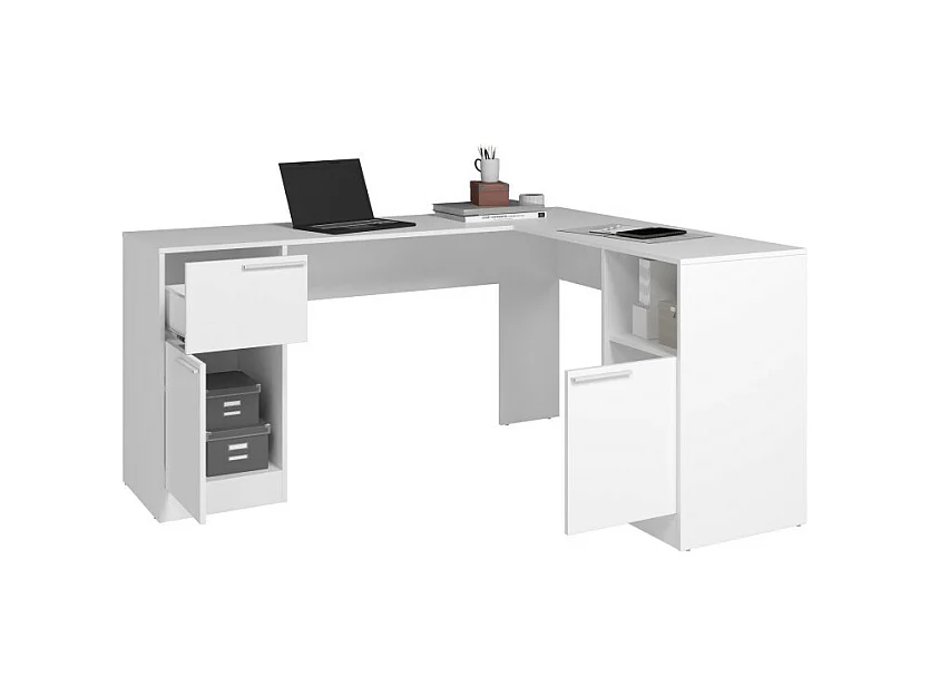 Bureau d'Angle Blanc 2 Caissons 2 Portes 1 Tiroir 1 Niche L 160 H 78.5 P 134.5 cm