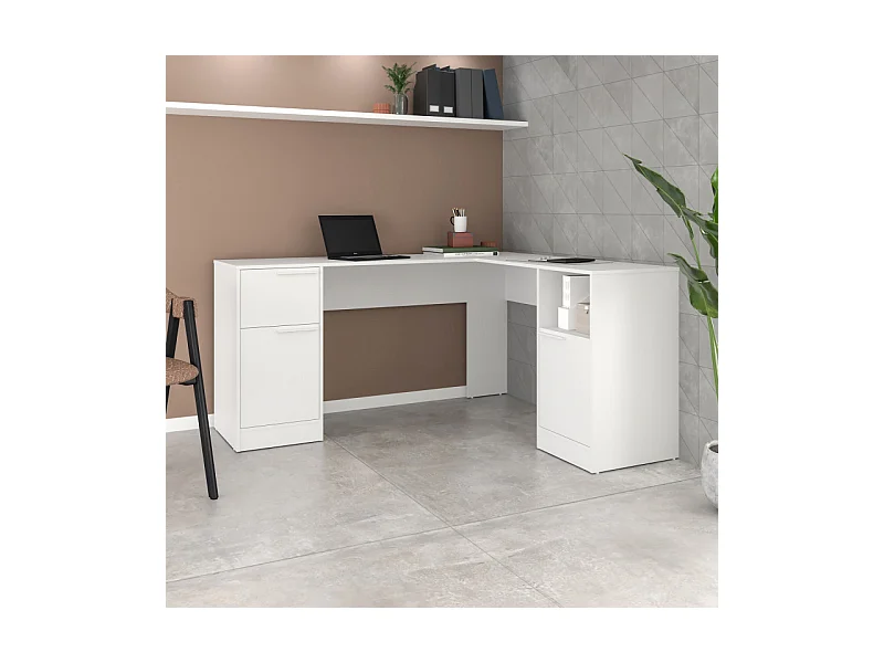 Bureau d'Angle Blanc 2 Caissons 2 Portes 1 Tiroir 1 Niche L 160 H 78.5 P 134.5 cm