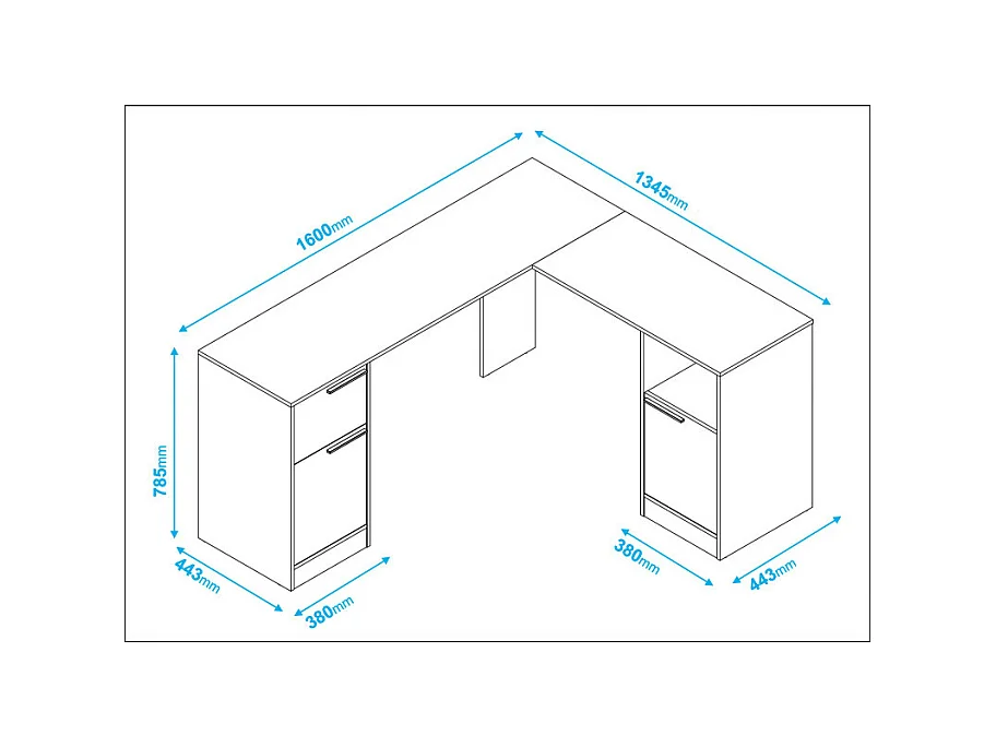 Bureau d'Angle Blanc 2 Caissons 2 Portes 1 Tiroir 1 Niche L 160 H 78.5 P 134.5 cm