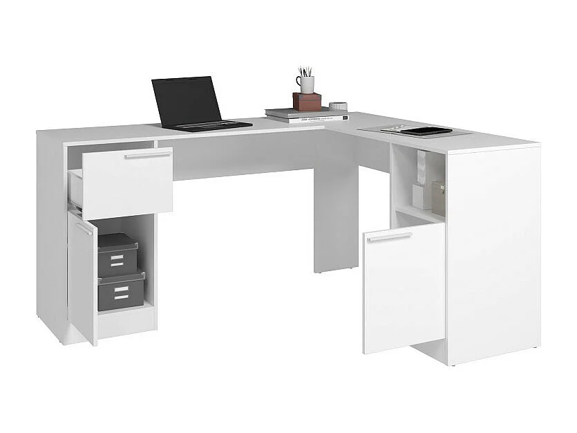Bureau d'Angle Blanc 2 Caissons 2 Portes 1 Tiroir 1 Niche L 160 H 78.5 P 134.5 cm