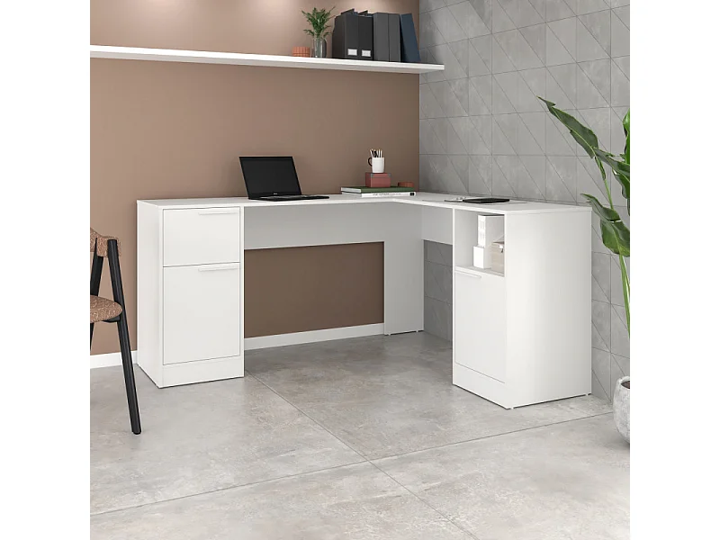Bureau d'Angle Blanc 2 Caissons 2 Portes 1 Tiroir 1 Niche L 160 H 78.5 P 134.5 cm