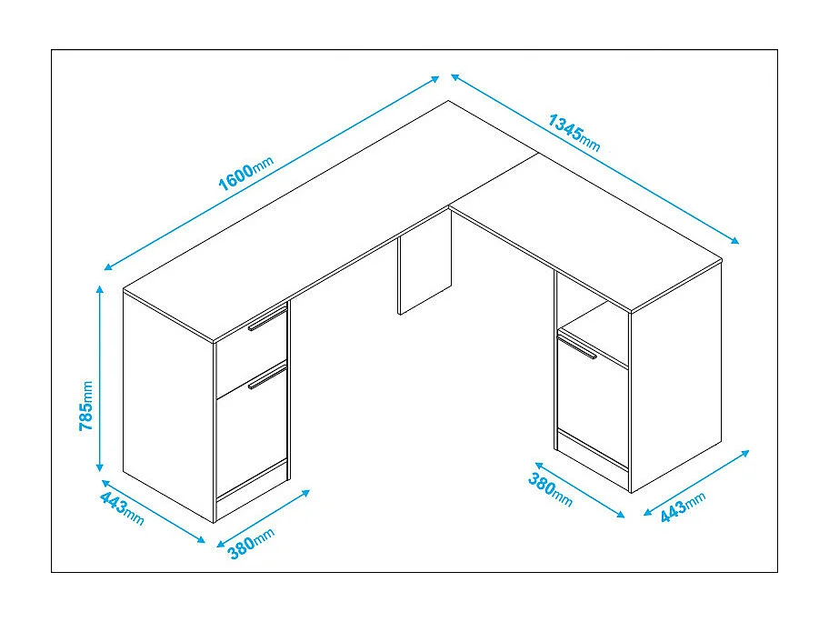 Bureau d'Angle Blanc 2 Caissons 2 Portes 1 Tiroir 1 Niche L 160 H 78.5 P 134.5 cm