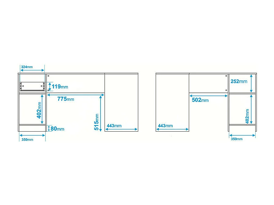 Bureau d'Angle Blanc 2 Caissons 2 Portes 1 Tiroir 1 Niche L 160 H 78.5 P 134.5 cm