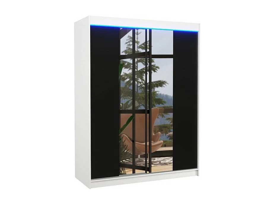 Armoire Ferran Lux (150cm)/portes coulissantes/miroir/LED/Blanc&Noir