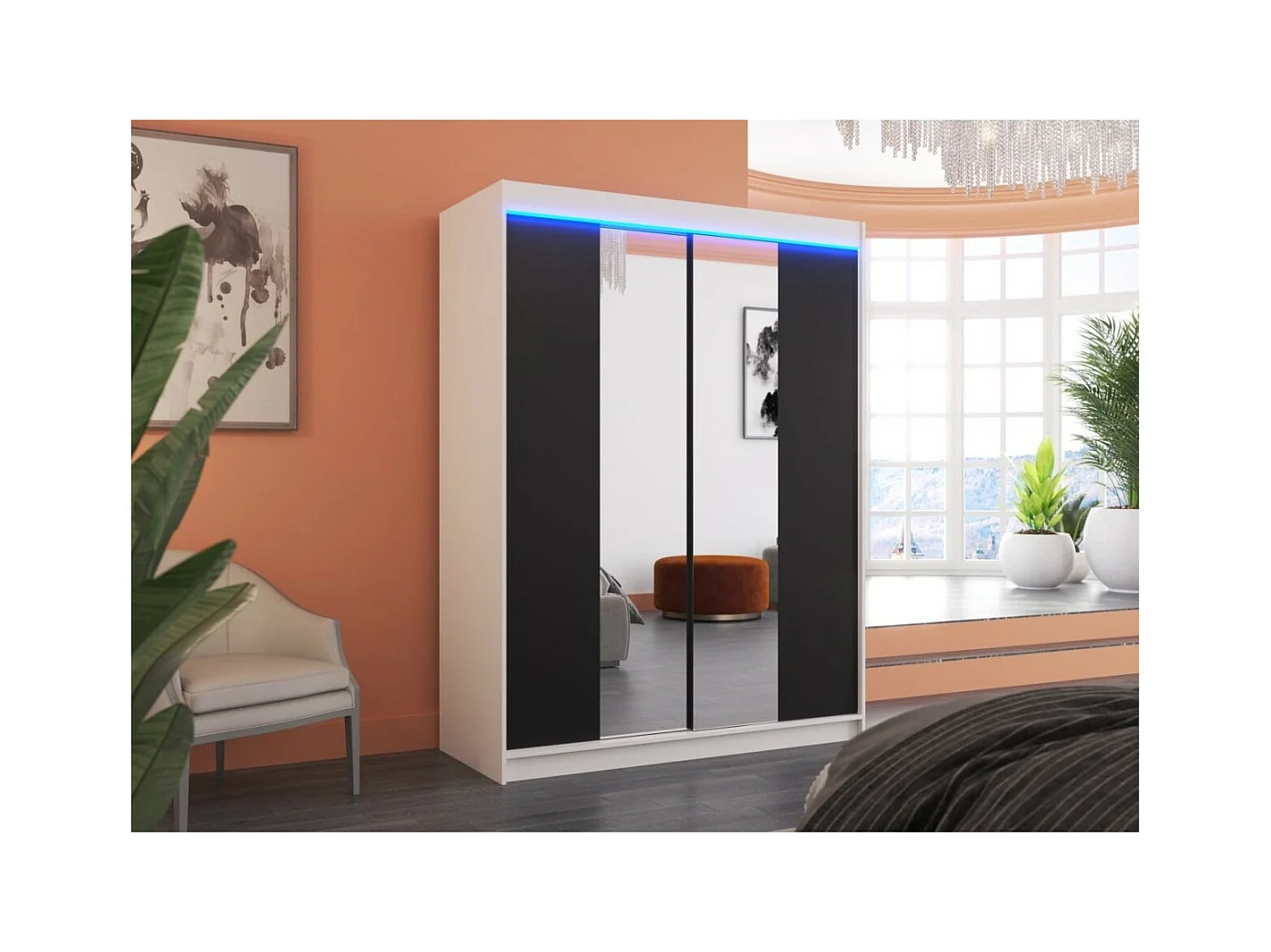 Kleiderschrank Ferran Lux (150cm)/Schiebetüren/Spiegel/LED/Weiss&Schwarz