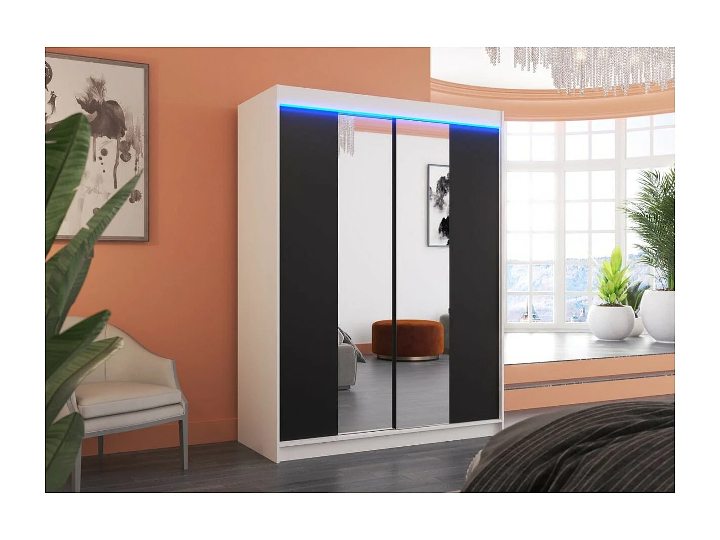 Armoire Ferran Lux (150cm)/portes coulissantes/miroir/LED/Blanc&Noir