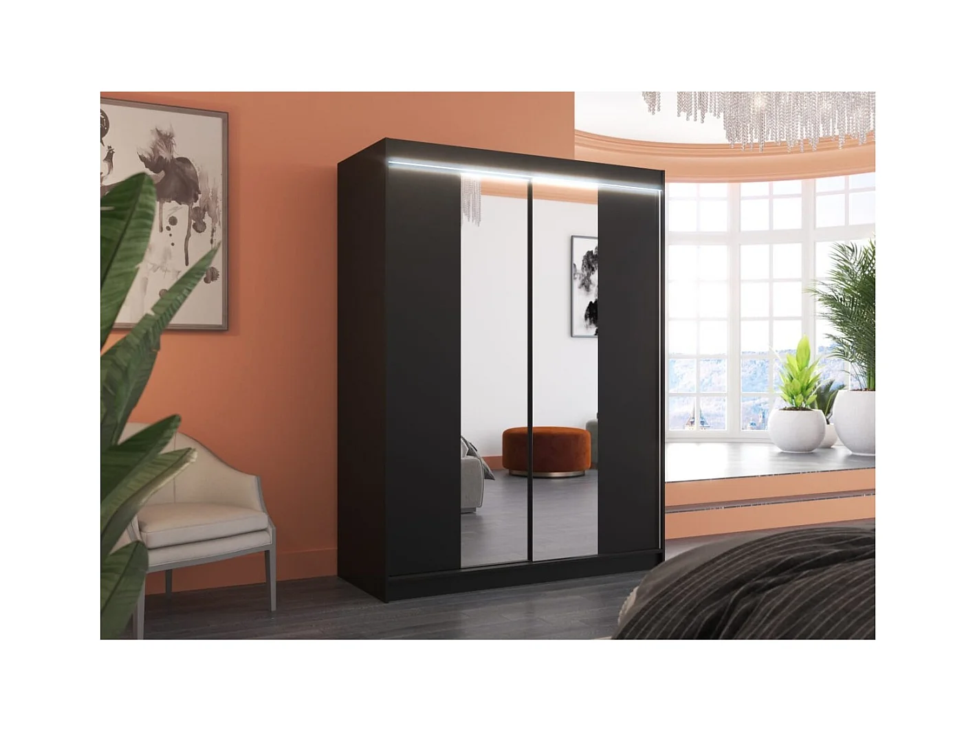Kleiderschrank Ferran Lux (150cm)/Schiebetüren/Spiegel/LED/Schwarz