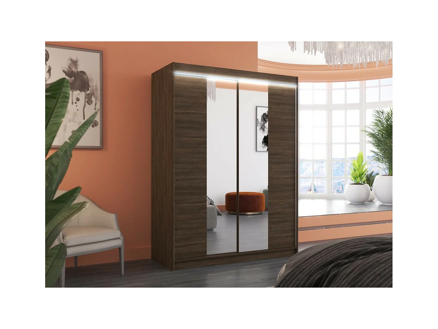 Kleiderschrank Ferran Lux (150cm)/Schiebetüren/Spiegel/LED/Braun