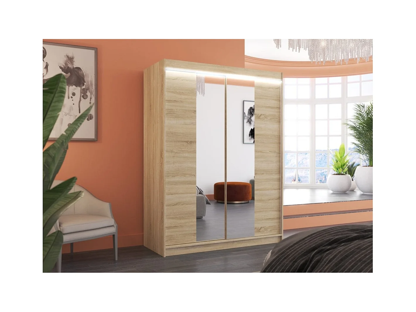 Kleiderschrank Ferran Lux (150cm)/Schiebetüren/Spiegel/LED/Sonoma