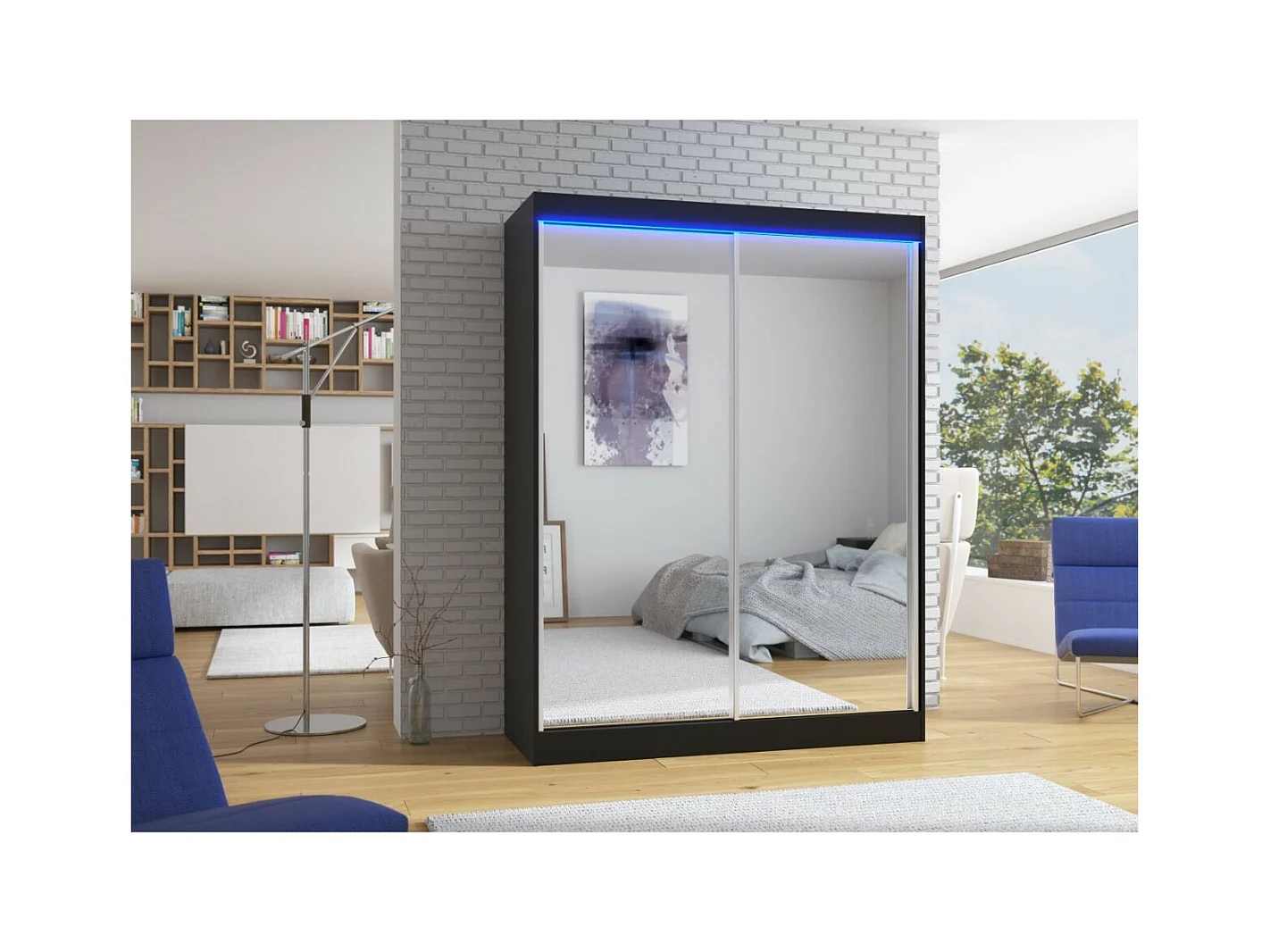 Kleiderschrank Forest (150cm)/Schiebetüren/Spiegel/LED/Schwarz