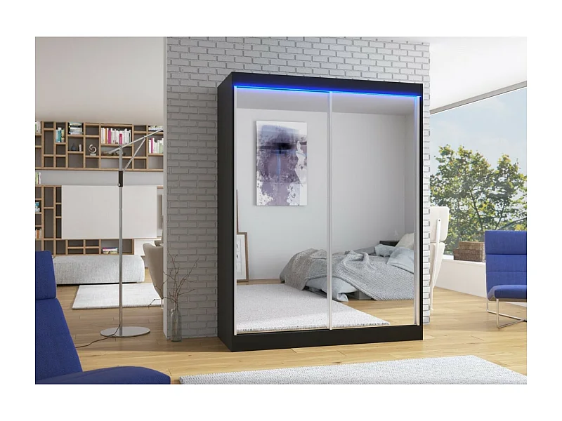 Kleiderschrank Forest (150cm)/Schiebetüren/Spiegel/LED/Schwarz