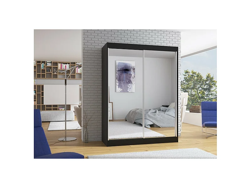 Kleiderschrank Forest (150cm)/Schiebetüren/Spiegel/Schwarz