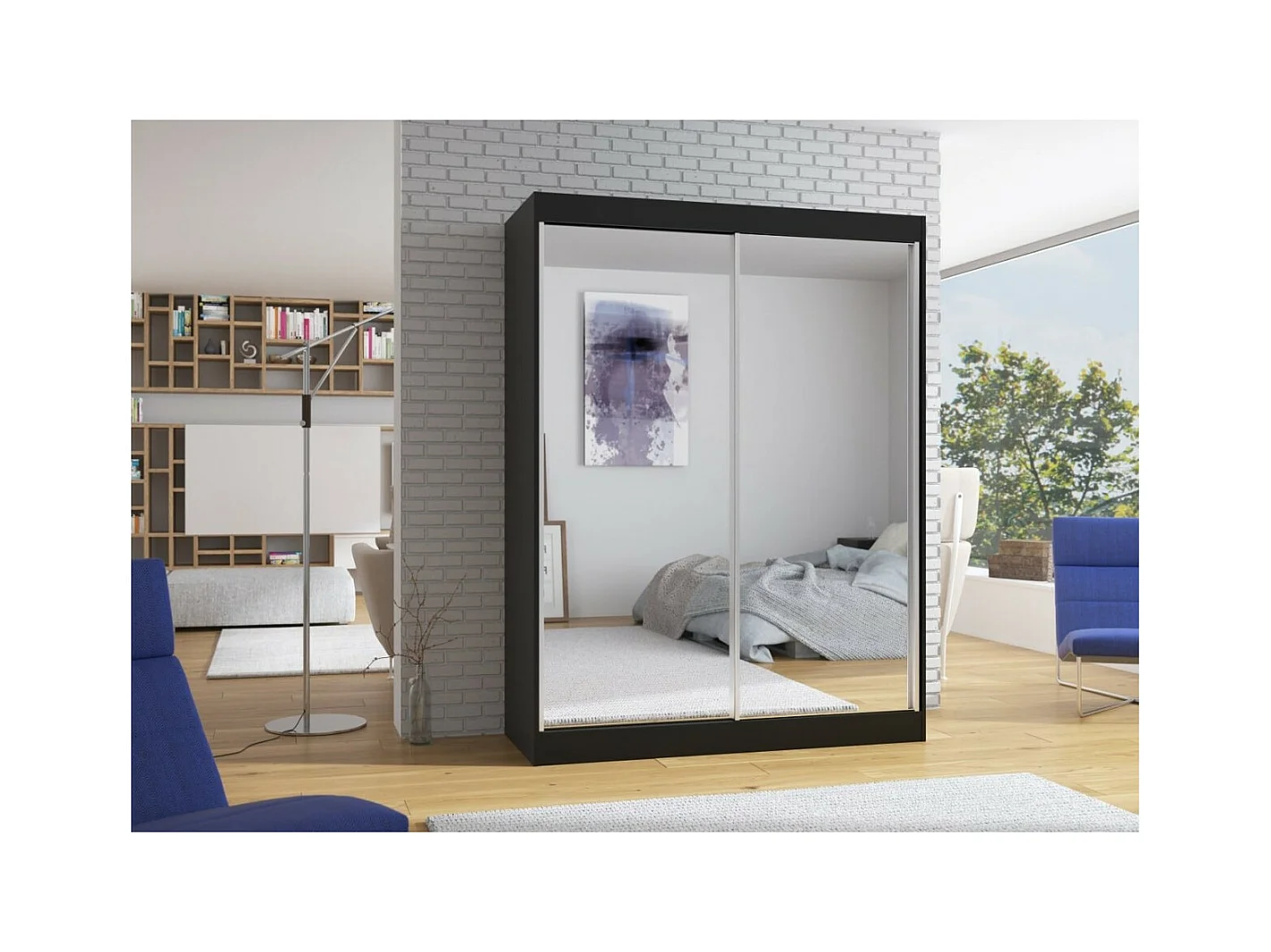 Armadio Forest (150cm)/ante scorrevoli/specchio/Nero