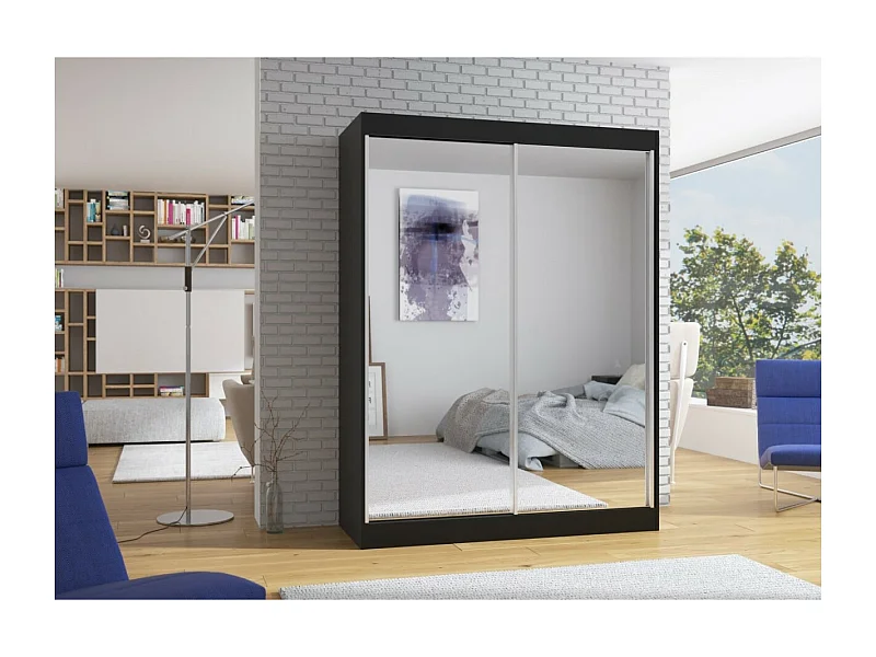 Kleiderschrank Forest (150cm)/Schiebetüren/Spiegel/Schwarz