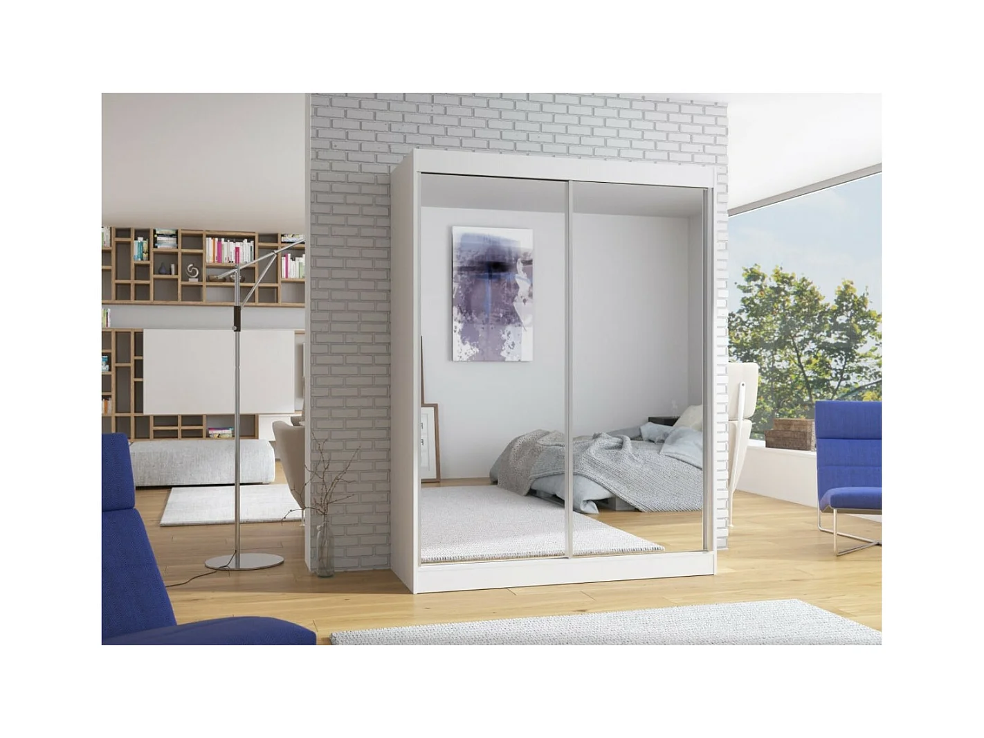 Armadio Forest (150cm)/ante scorrevoli/specchio/Bianco