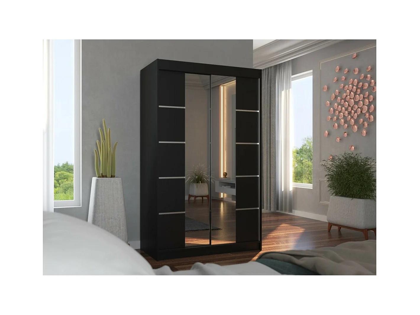 Armadio Gina (120cm)/ante scorrevoli/specchio/Nero