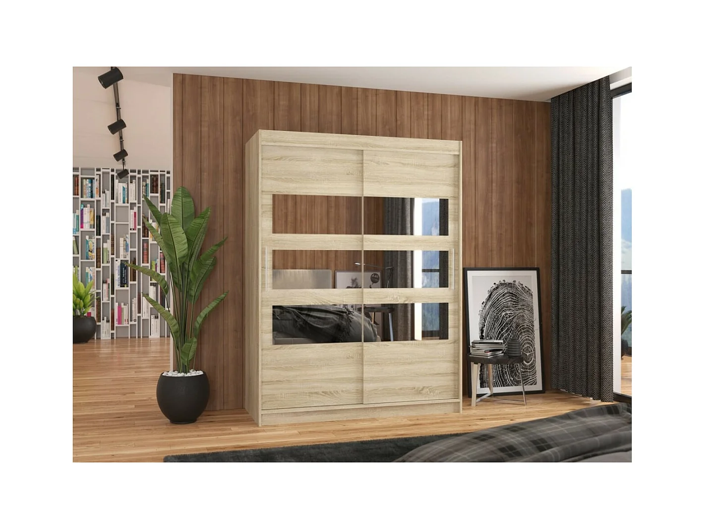 Armadio Florian (150cm)/ante scorrevoli/specchio/Sonoma