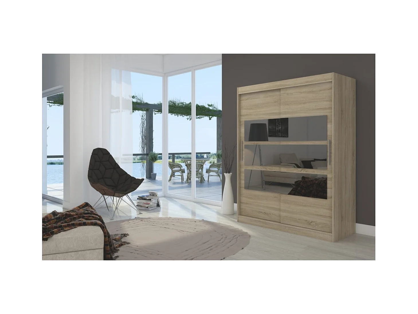 Armadio Florian (150cm)/ante scorrevoli/specchio/Sonoma