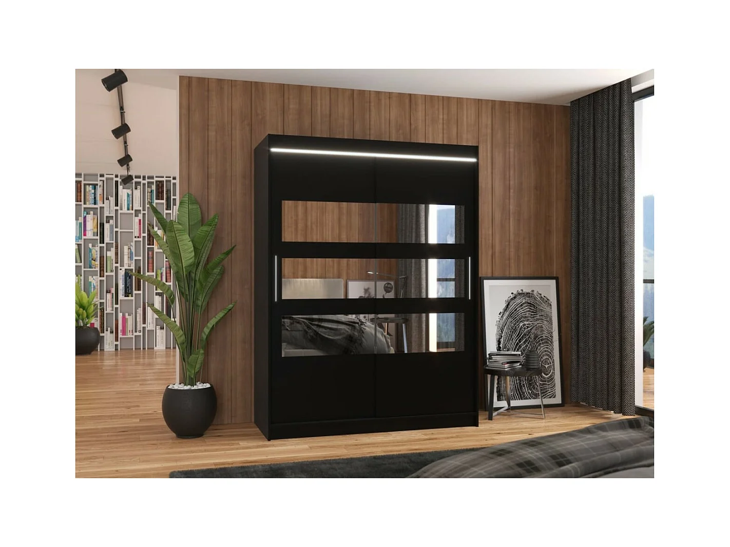 Kleiderschrank Florian (150cm)/Schiebetüren/Spiegel/LED/Schwarz