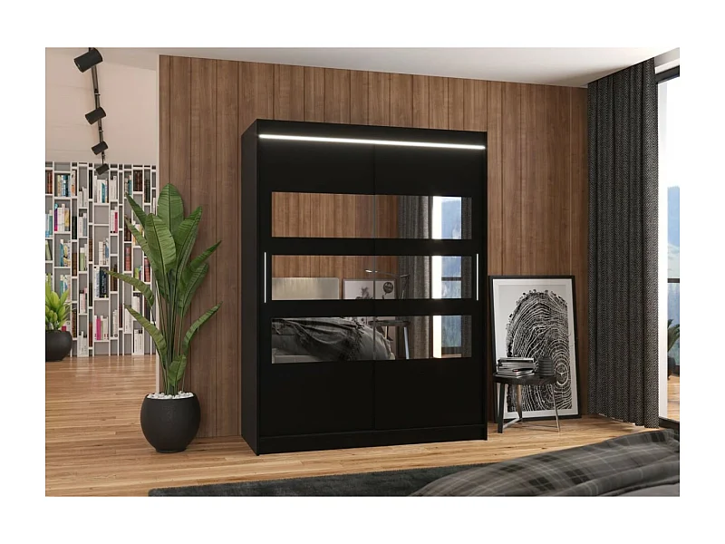 Kleiderschrank Florian (150cm)/Schiebetüren/Spiegel/LED/Schwarz