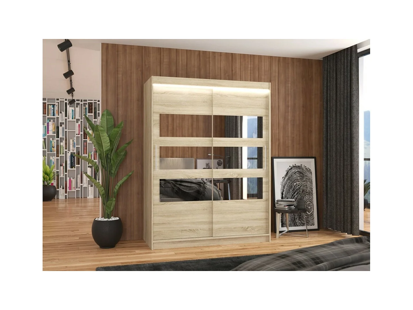 Kleiderschrank Florian (150cm)/Schiebetüren/Spiegel/LED/Sonoma