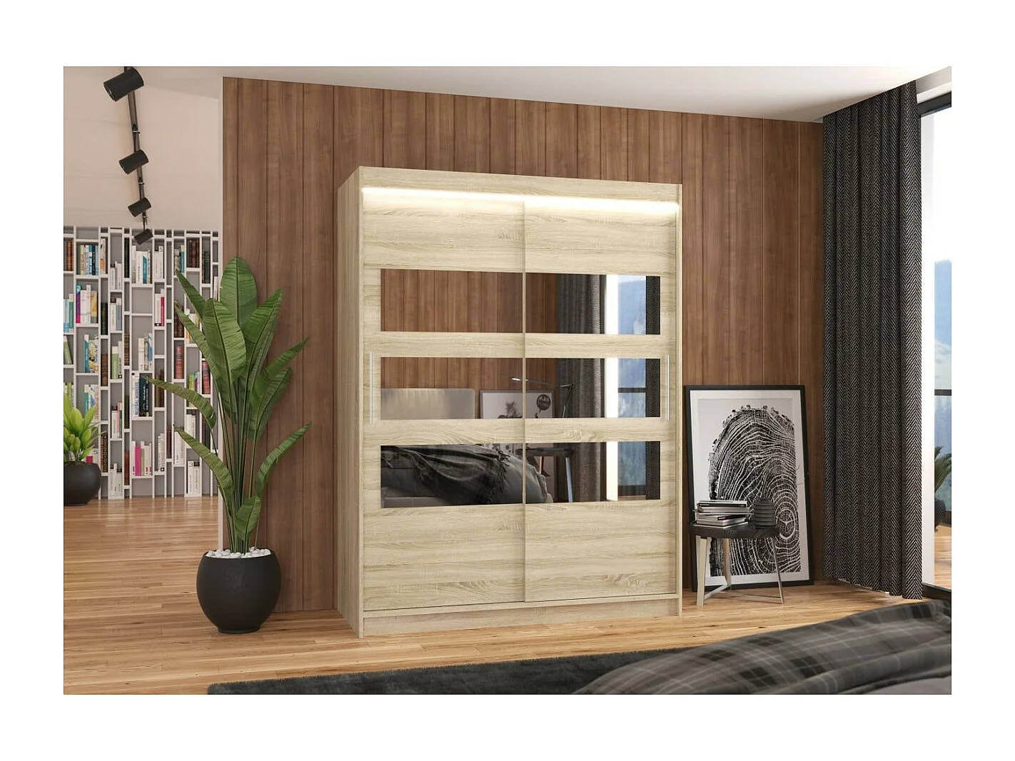 Armoire Florian (150cm)/portes coulissantes/miroir/LED/Sonoma