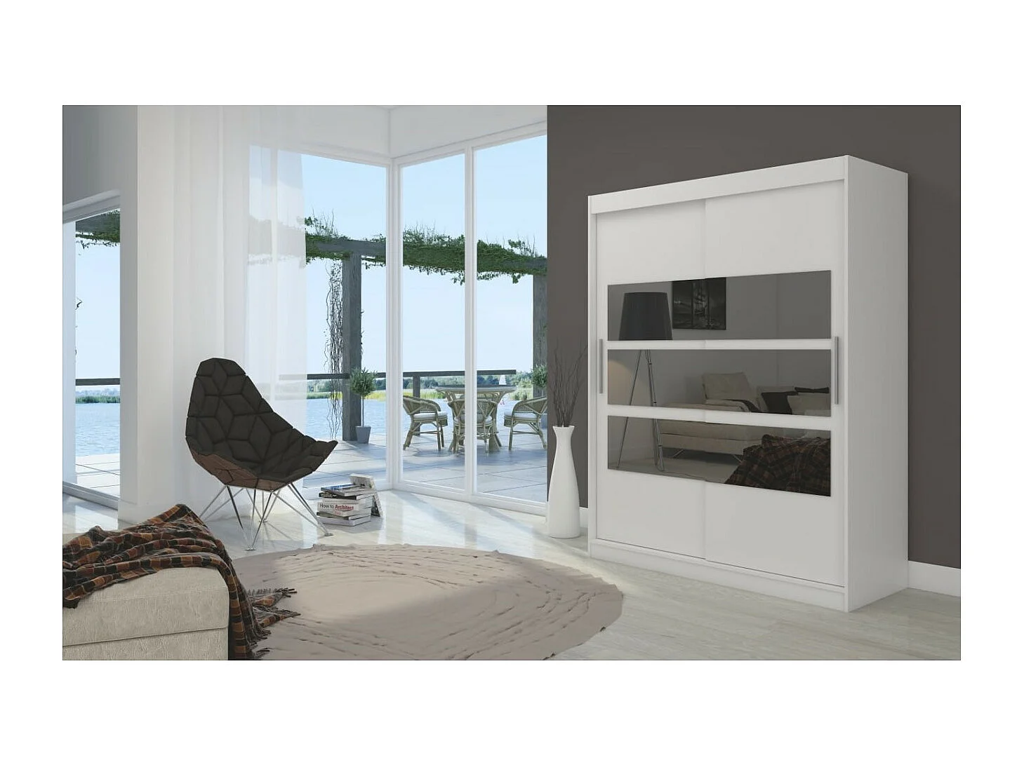 Armadio Florian (150cm)/ante scorrevoli/specchio/Bianco