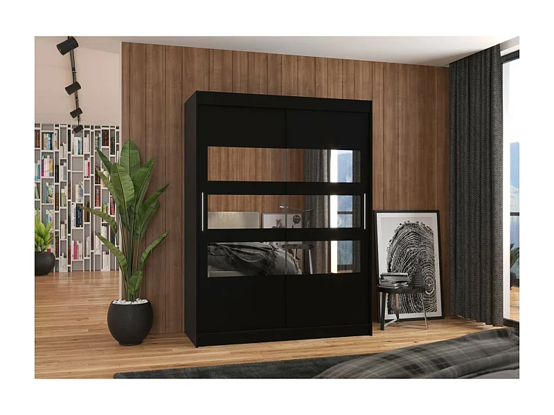 Kleiderschrank Florian (150cm)/Schiebetüren/Spiegel/Schwarz