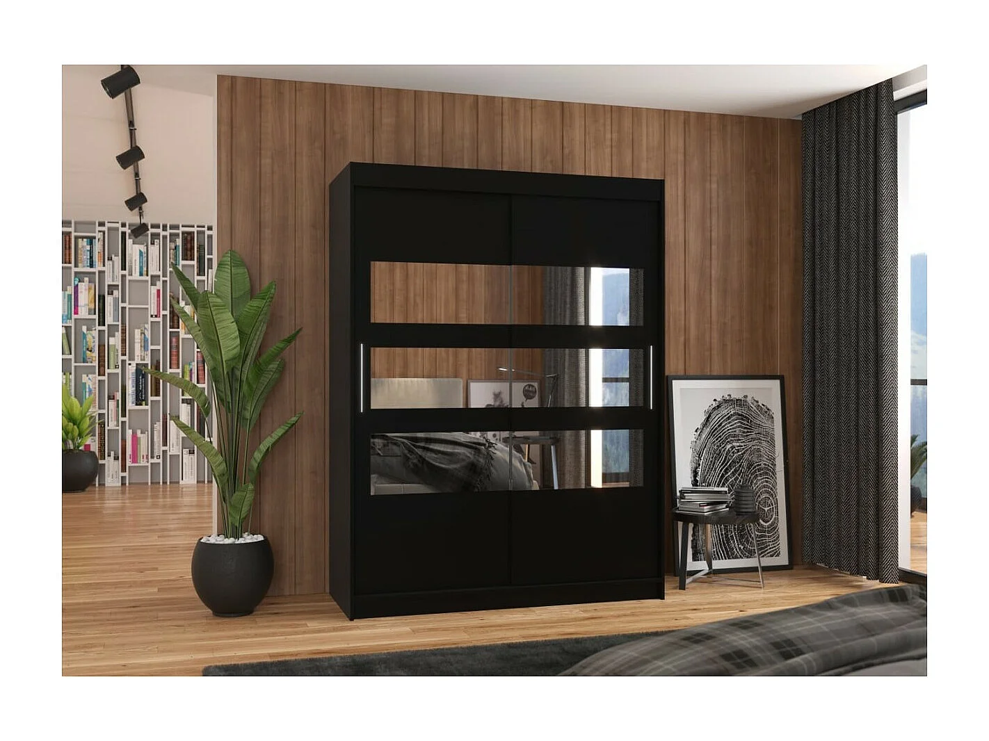 Kleiderschrank Florian (150cm)/Schiebetüren/Spiegel/Schwarz