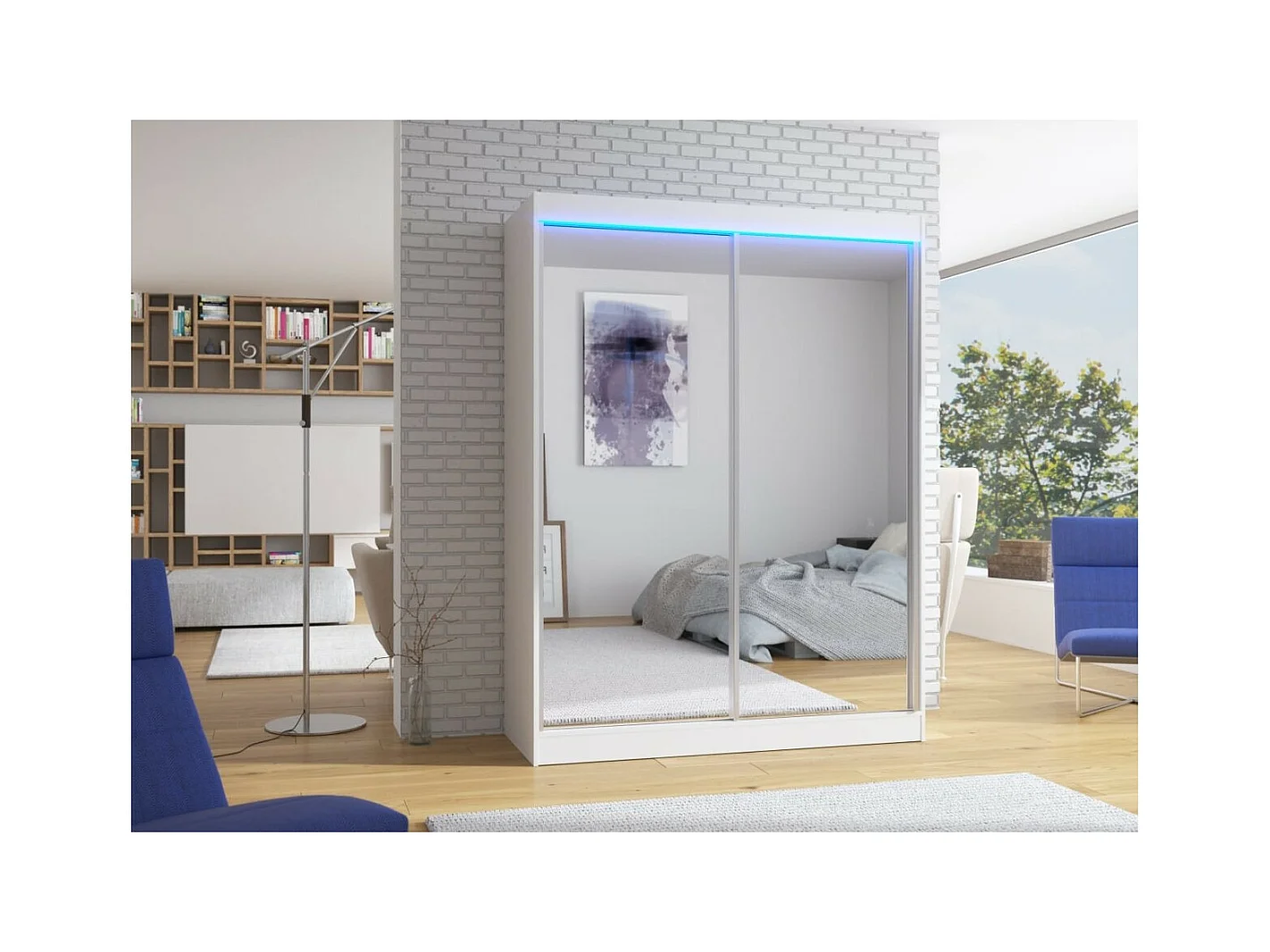 Kleiderschrank Forest (150cm)/Schiebetüren/Spiegel/LED/Weiss