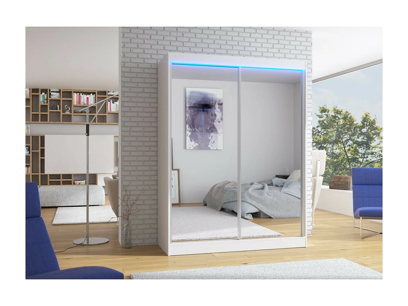 Armoire Forest (150cm)/portes coulissantes/miroir/LED/Blanc