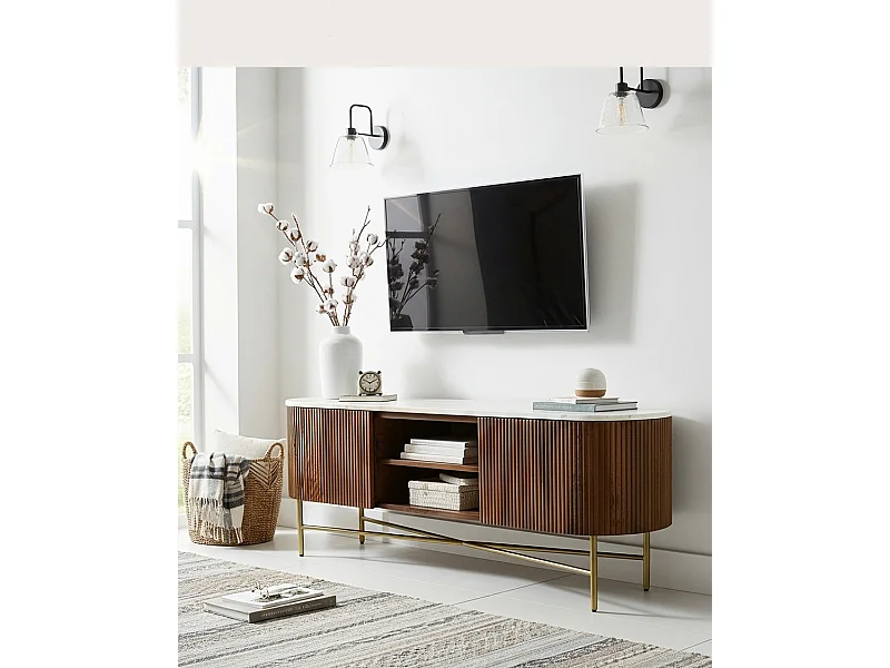 Céline - Meuble tv en bois de manguier avec plateau en marbre 150 cm