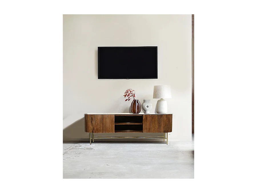 Céline - Meuble tv en bois de manguier avec plateau en marbre 150 cm
