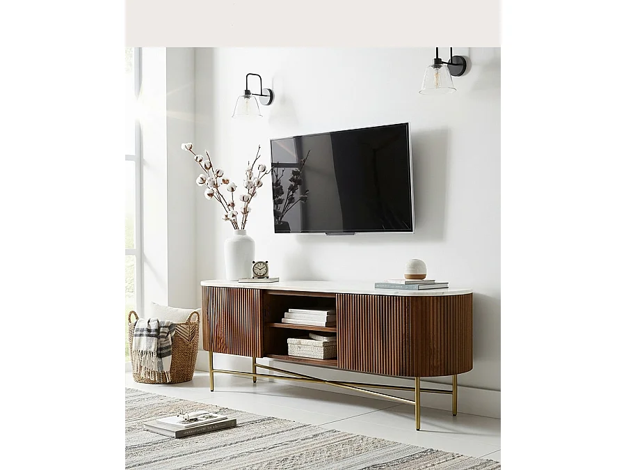 Céline - Meuble tv en bois de manguier avec plateau en marbre 150 cm