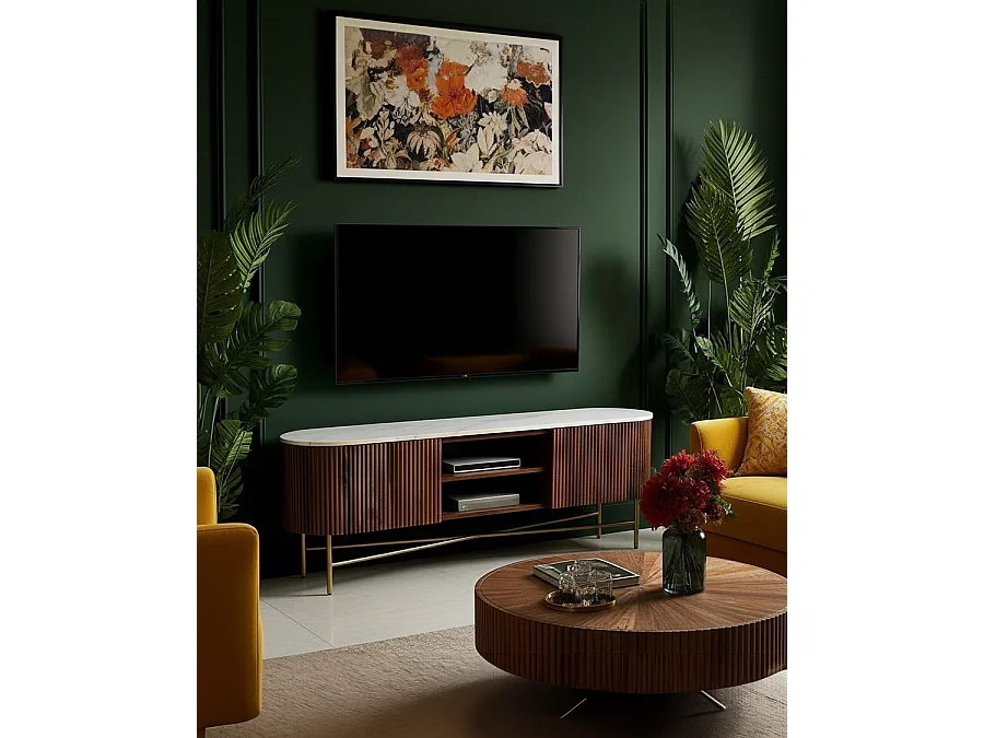 Céline - Meuble tv en bois avec plateau marbre 150 cm