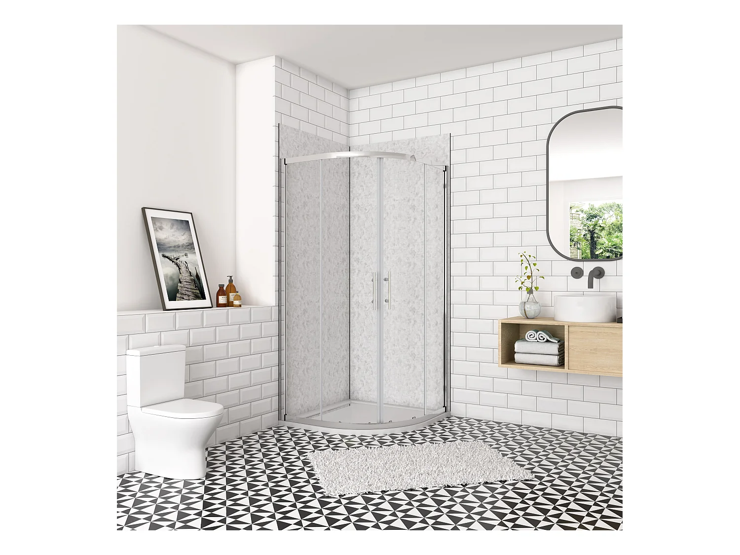 Douchecabine kwartrond schuifdeur 90x90cm,185cm hoog,6mm helder veiligheidsglas,glanzend chroom profiel,inclusief douchebak