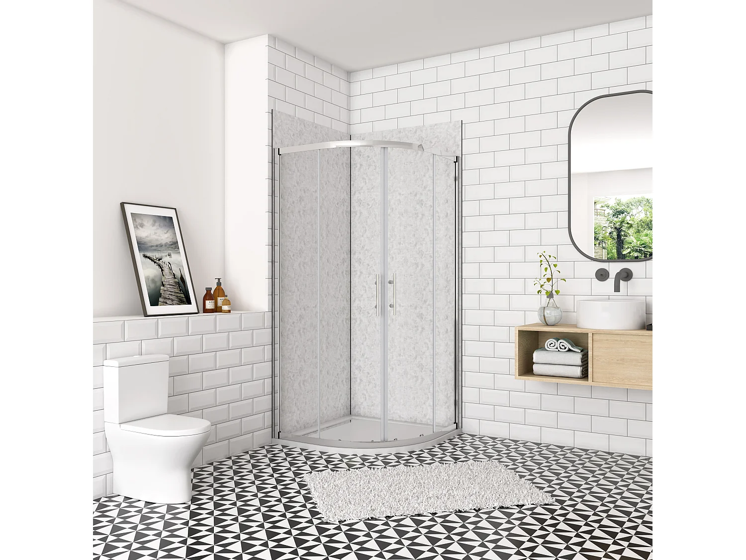 Douchecabine kwartrond schuifdeur 90x90cm,185cm hoog,6mm helder veiligheidsglas,glanzend chroom profiel,inclusief douchebak