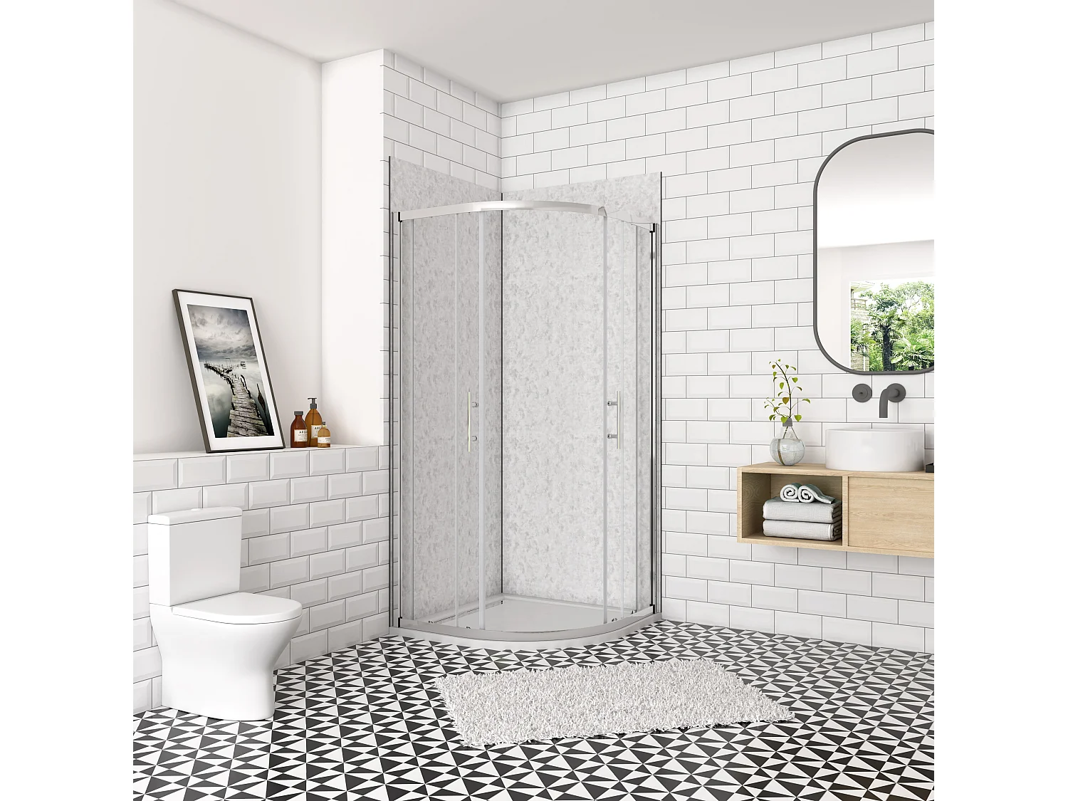 Douchecabine kwartrond schuifdeur 90x90cm,185cm hoog,6mm helder veiligheidsglas,glanzend chroom profiel,inclusief douchebak