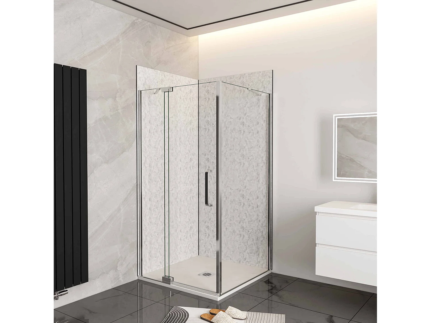 Douchecabine douchedeur draaideur 80x195cm met zijwand 90x195cm,8mm helder antikalk NANO glas,profiel van glanzend chroom.