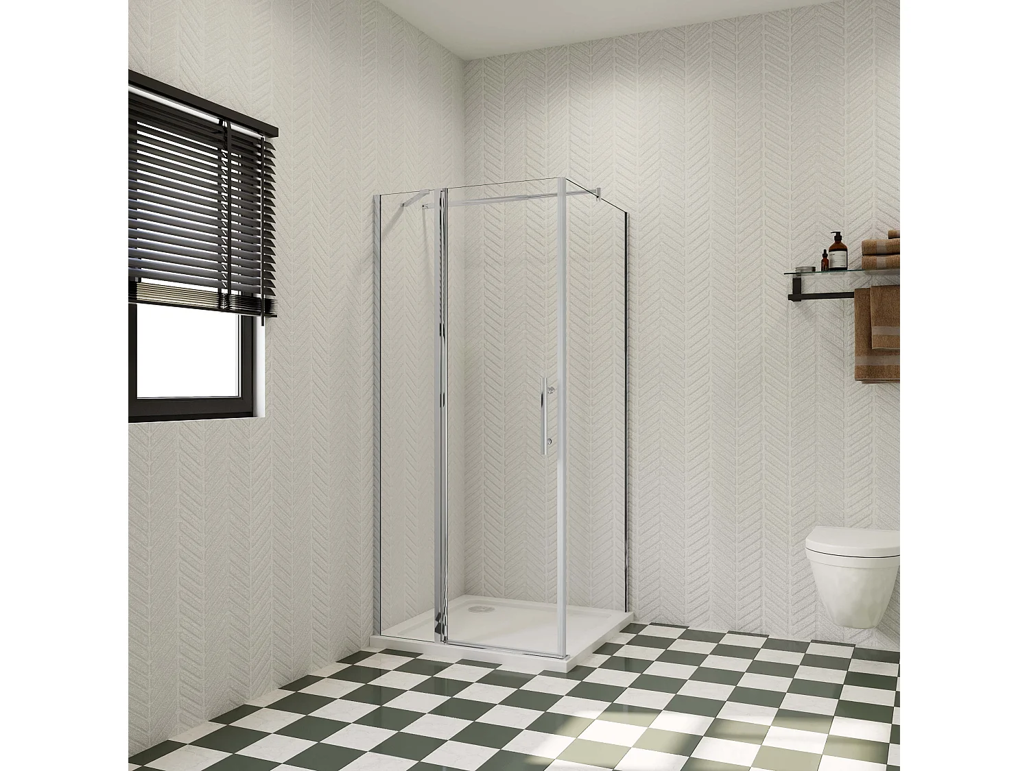 90x76x195cm Douchecabine draaideur+zijwand,6 mm NANO EasyClean veiligheidsglas,70-120 cm Stabilisatiestang (inkortbaar),profiel van glanzend chroom.