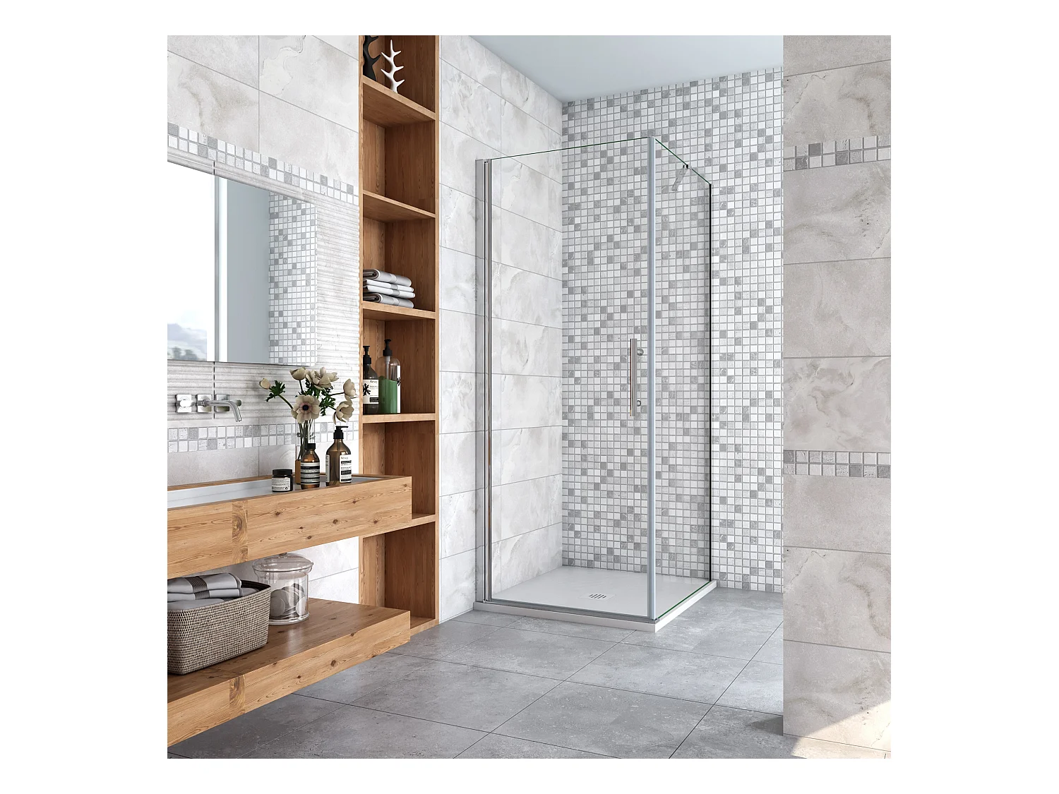 Douchecabine 76x80x195cm,draaideur+zijwand,6mm NANO EasyClean veiligheidsglas,50cm Stabilisatiestang (draaibaar),profiel van glanzend chroom.