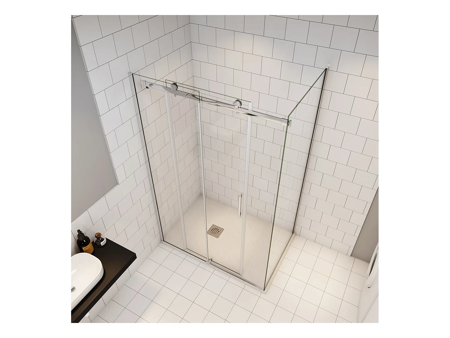 160x195cm Schuifbare douchecabine met zijwand 80x195cm,6mm helder glas,profiel van glanzend chroom.