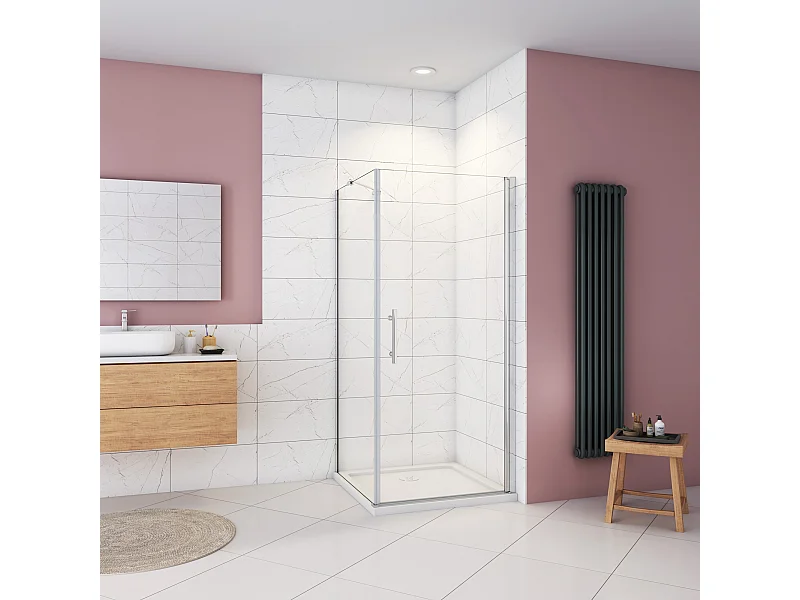 Douchecabine 76x76x195cm,draaideur+zijwand,6mm NANO EasyClean veiligheidsglas,45cm Stabilisatiestang (draaibaar),profiel van glanzend chroom.