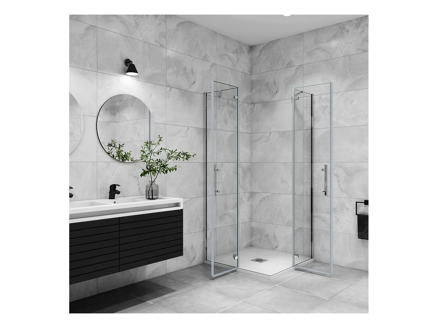 Douchecabine met dubbele draaideur,6mm helder veiligheidsglas nano coating,90x90x195cm,profiel van glanzend chroom.