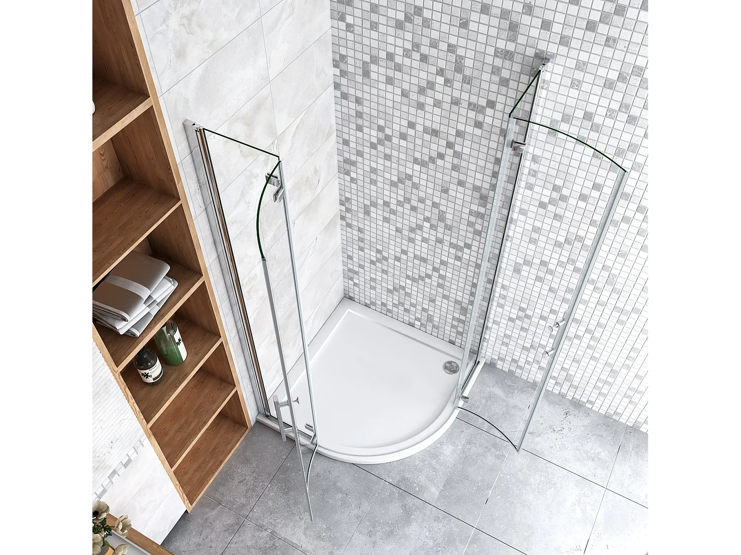 Kwartronde douchecabine 90x90x195cm,dubbele draaideur,hoek-instap douchecabine,6mm nano helder veiligheidsglas easyclean antikalk,inclusief douchebak