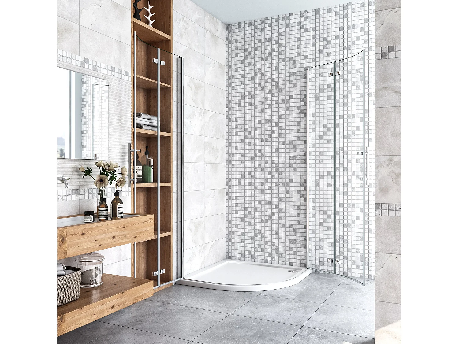 Kwartronde douchecabine 90x90x195cm,dubbele draaideur,hoek-instap douchecabine,6mm nano helder veiligheidsglas easyclean antikalk,inclusief douchebak